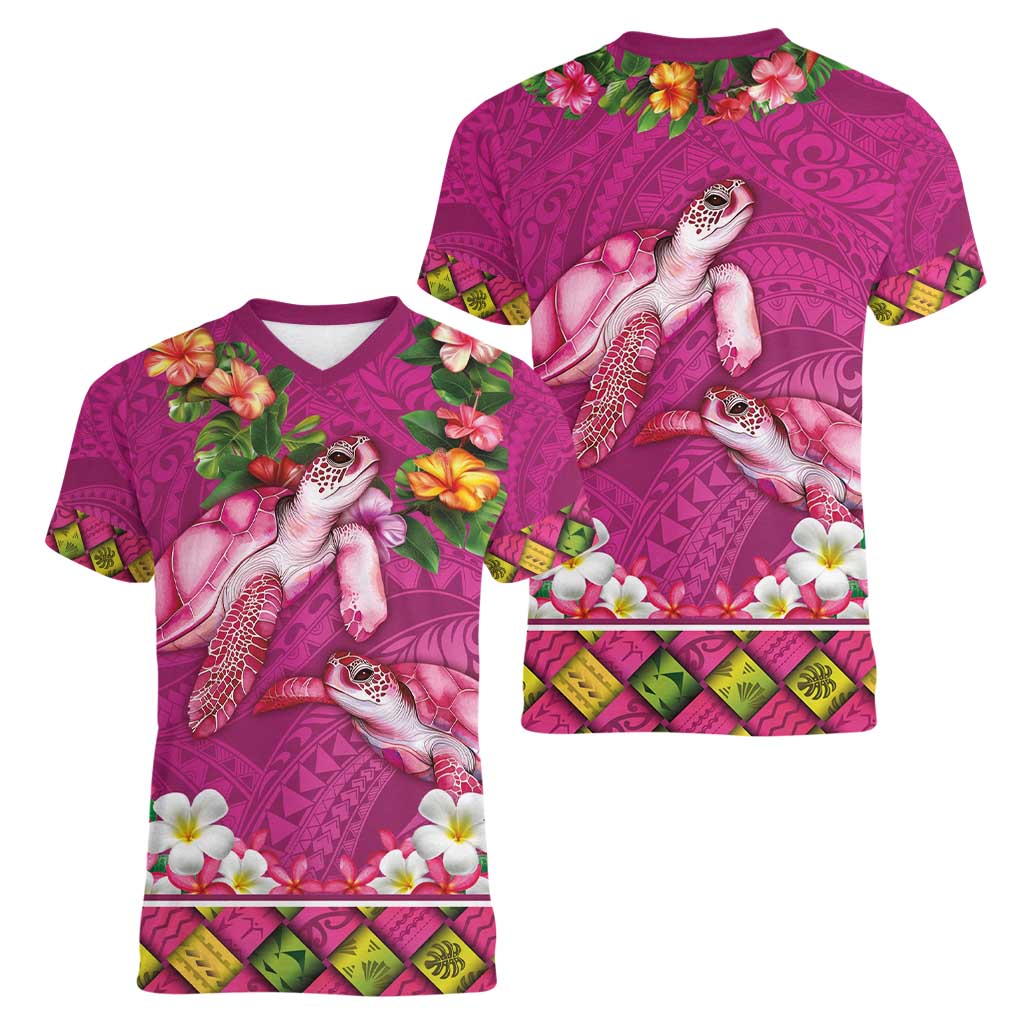 Hawaiian Lei Turtle and Plumeria Women V-Neck T-Shirt Polynerian Art Tattoo-Plum Pink Color