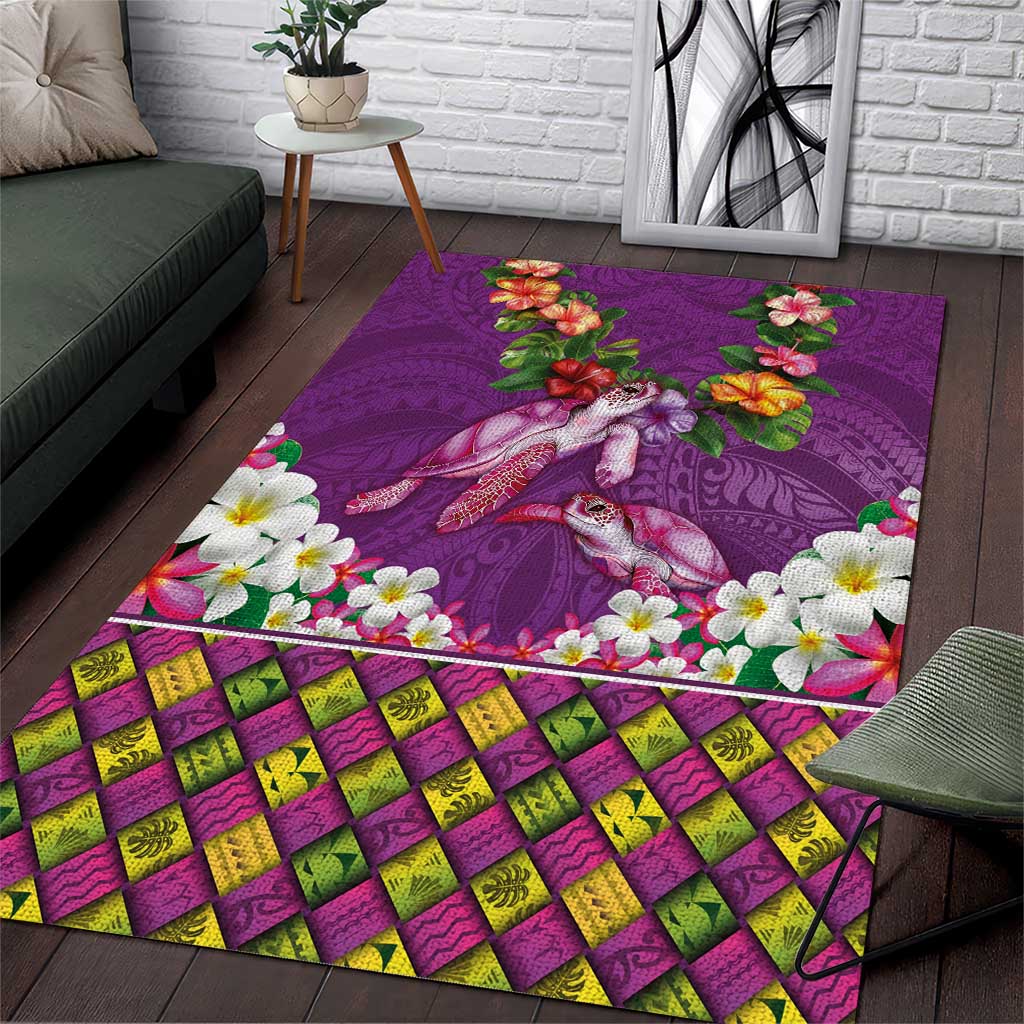 Hawaiian Lei Turtle and Plumeria Area Rug Polynerian Art Tattoo-Mauve Color