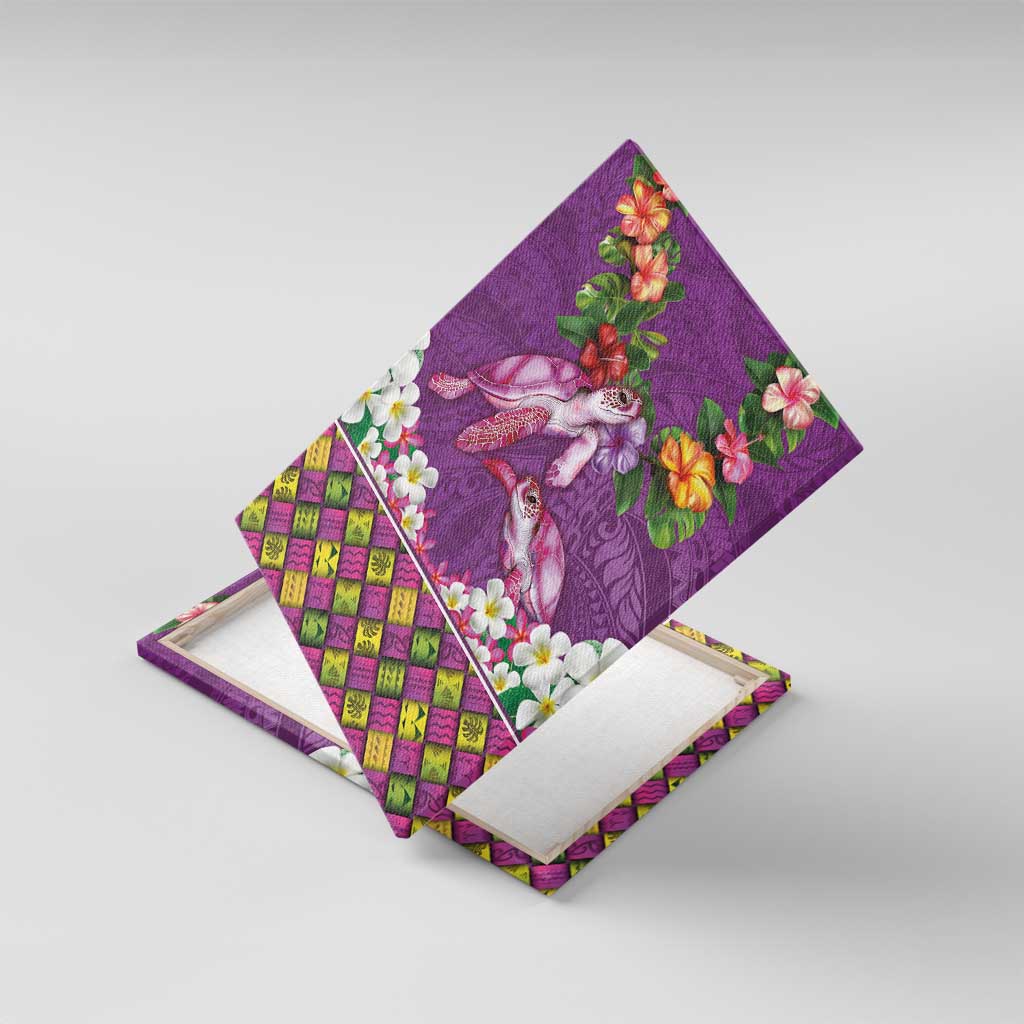 Hawaiian Lei Turtle and Plumeria Canvas Wall Art Polynerian Art Tattoo-Mauve Color LT03 With Frame Purple - Polynesian Pride