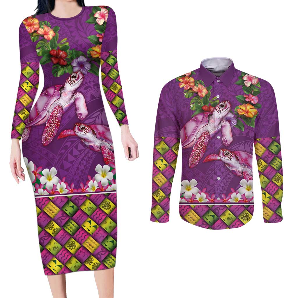 Hawaiian Lei Turtle and Plumeria Couples Matching Long Sleeve Bodycon Dress and Long Sleeve Button Shirt Polynerian Art Tattoo-Mauve Color LT03 Purple - Polynesian Pride
