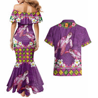 Hawaiian Lei Turtle and Plumeria Couples Matching Mermaid Dress and Hawaiian Shirt Polynerian Art Tattoo-Mauve Color