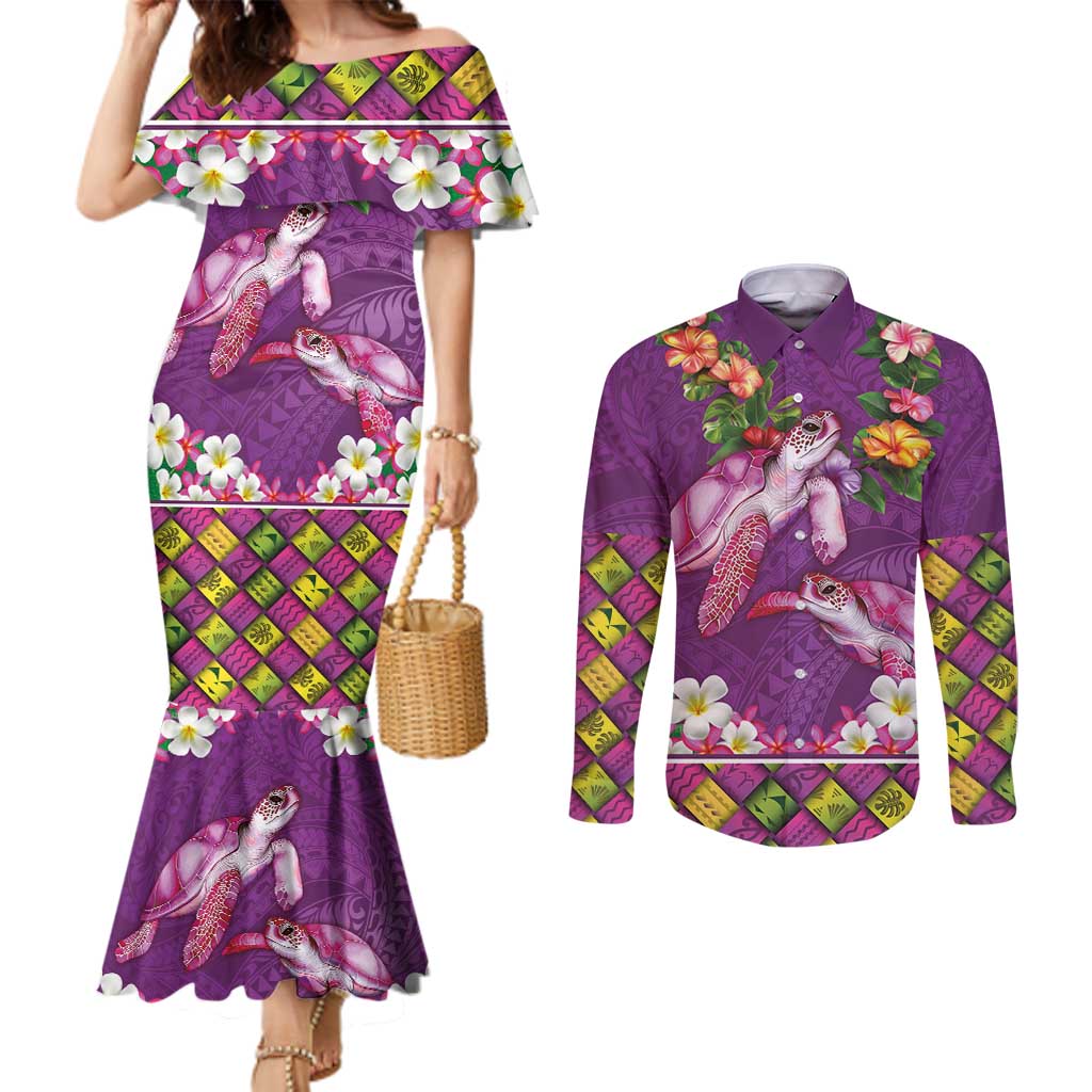 Hawaiian Lei Turtle and Plumeria Couples Matching Mermaid Dress and Long Sleeve Button Shirt Polynerian Art Tattoo-Mauve Color
