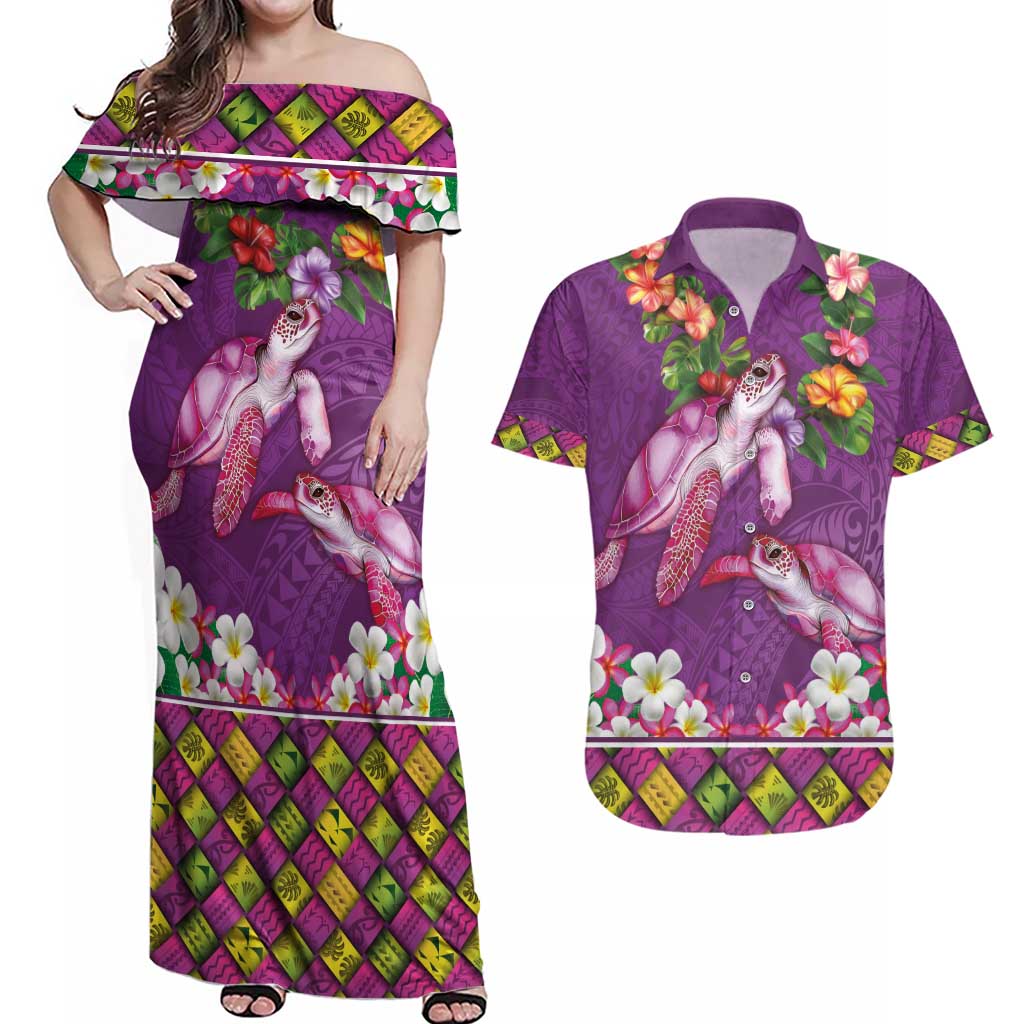 Hawaiian Lei Turtle and Plumeria Couples Matching Off Shoulder Maxi Dress and Hawaiian Shirt Polynerian Art Tattoo-Mauve Color LT03 Purple - Polynesian Pride