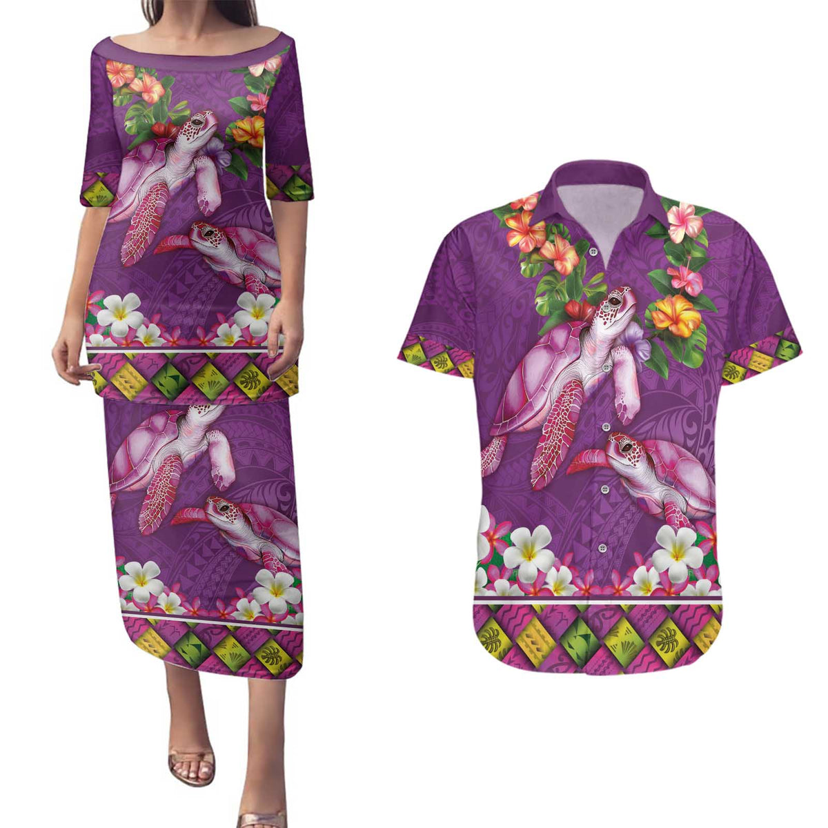Hawaiian Lei Turtle and Plumeria Couples Matching Puletasi and Hawaiian Shirt Polynerian Art Tattoo-Mauve Color