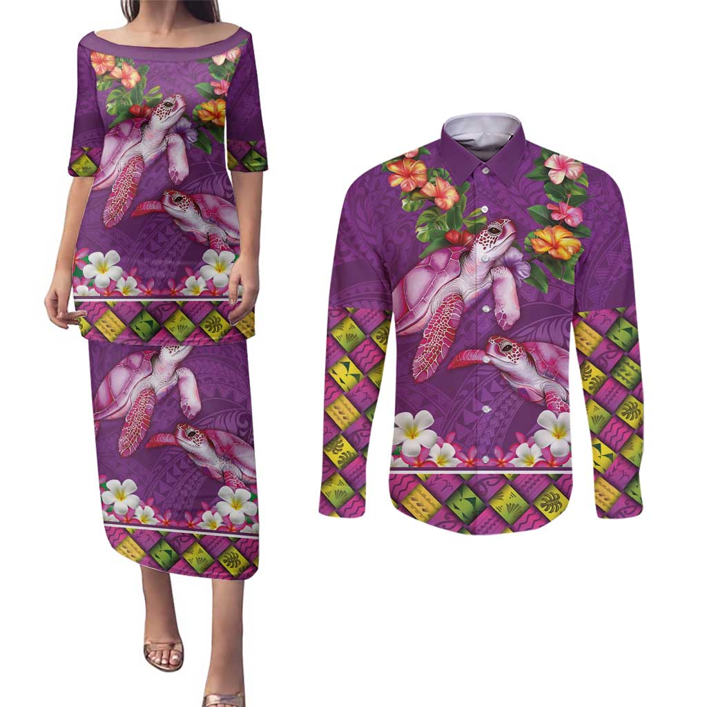 Hawaiian Lei Turtle and Plumeria Couples Matching Puletasi and Long Sleeve Button Shirt Polynerian Art Tattoo-Mauve Color LT03 Purple - Polynesian Pride