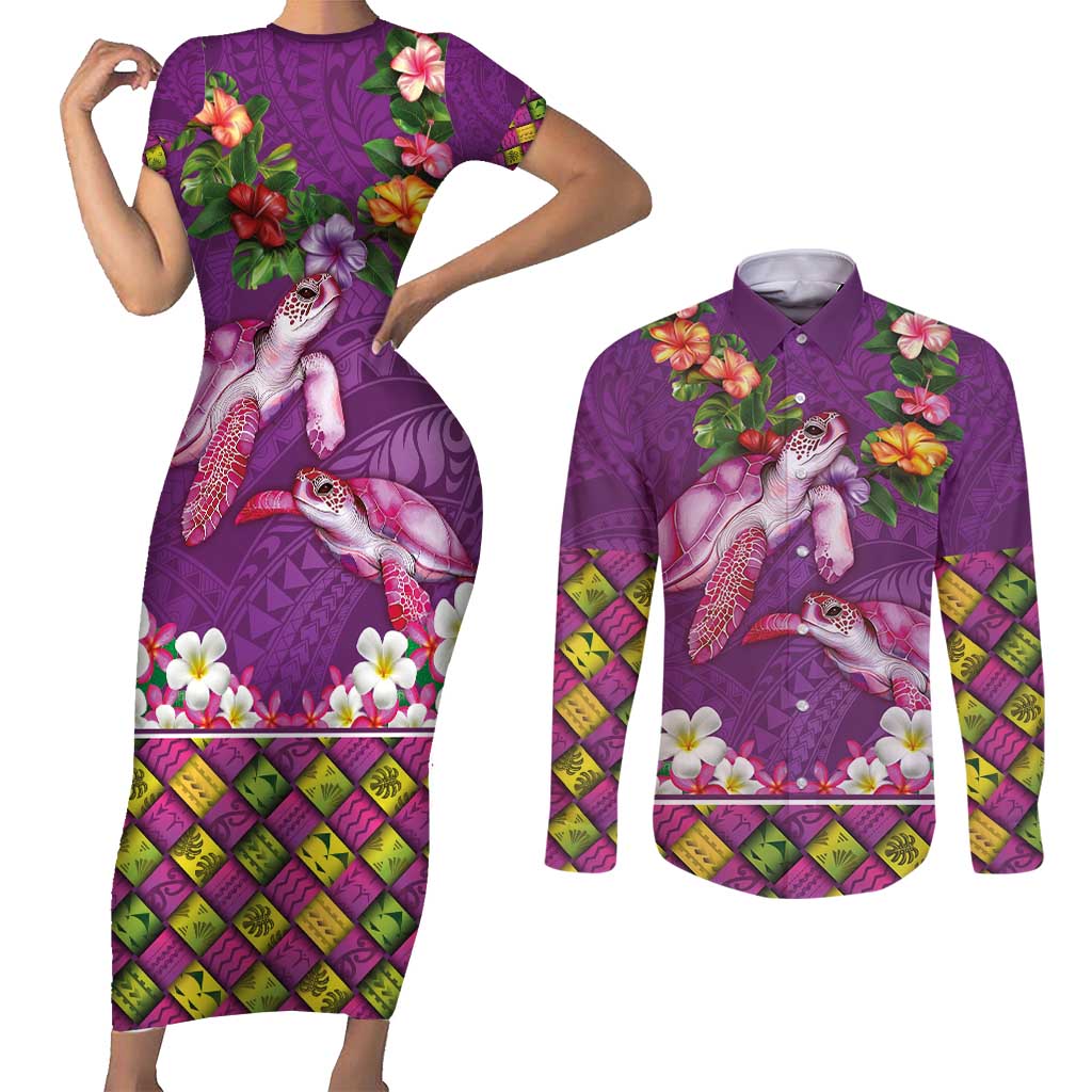 Hawaiian Lei Turtle and Plumeria Couples Matching Short Sleeve Bodycon Dress and Long Sleeve Button Shirt Polynerian Art Tattoo-Mauve Color LT03 Purple - Polynesian Pride