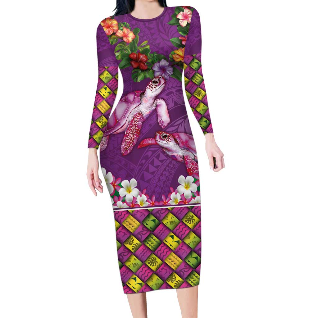 Hawaiian Lei Turtle and Plumeria Family Matching Long Sleeve Bodycon Dress and Hawaiian Shirt Polynerian Art Tattoo-Mauve Color