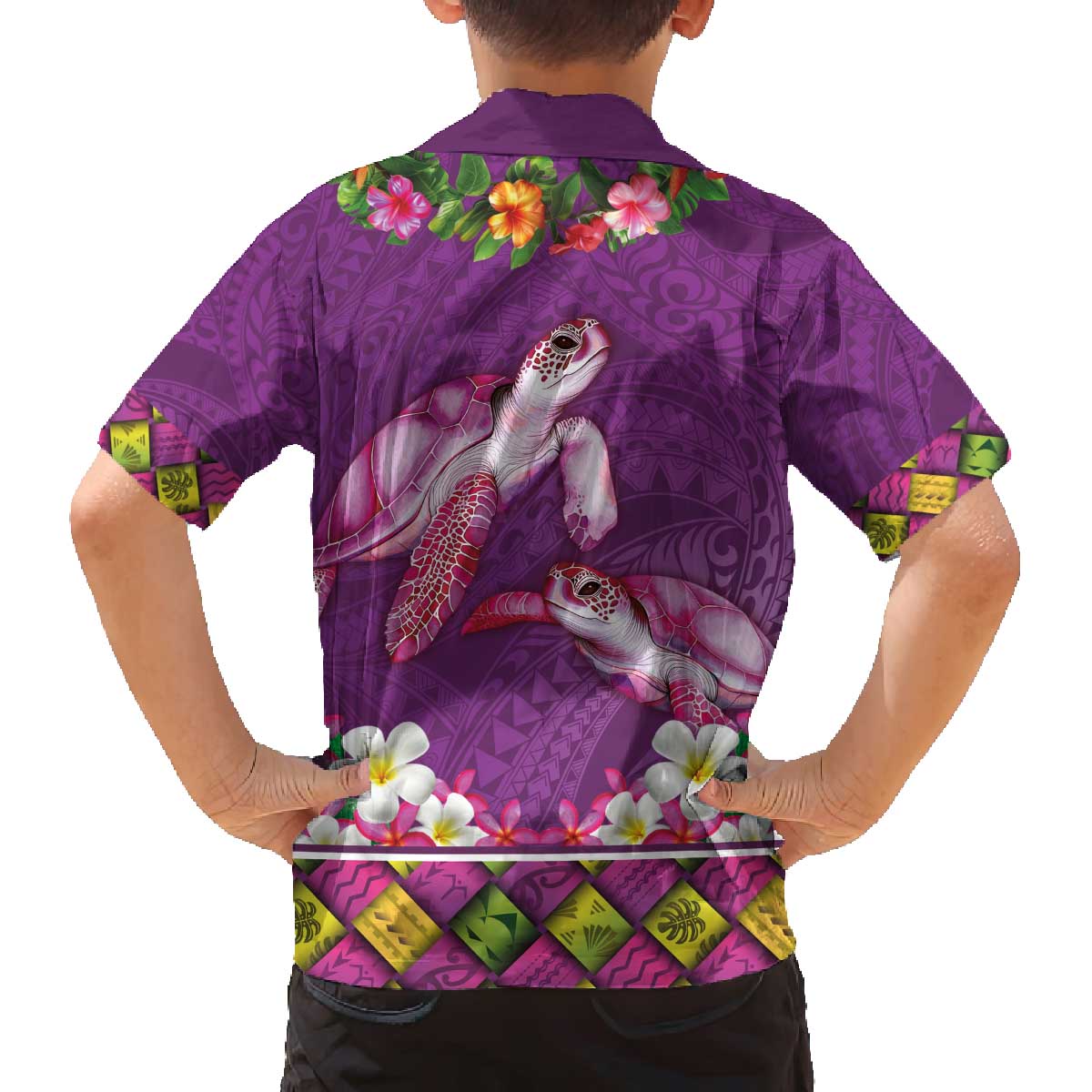 Hawaiian Lei Turtle and Plumeria Family Matching Off The Shoulder Long Sleeve Dress and Hawaiian Shirt Polynerian Art Tattoo-Mauve Color