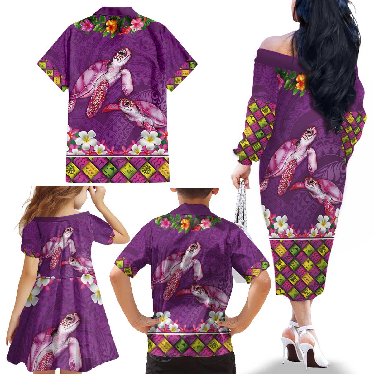 Hawaiian Lei Turtle and Plumeria Family Matching Off The Shoulder Long Sleeve Dress and Hawaiian Shirt Polynerian Art Tattoo-Mauve Color