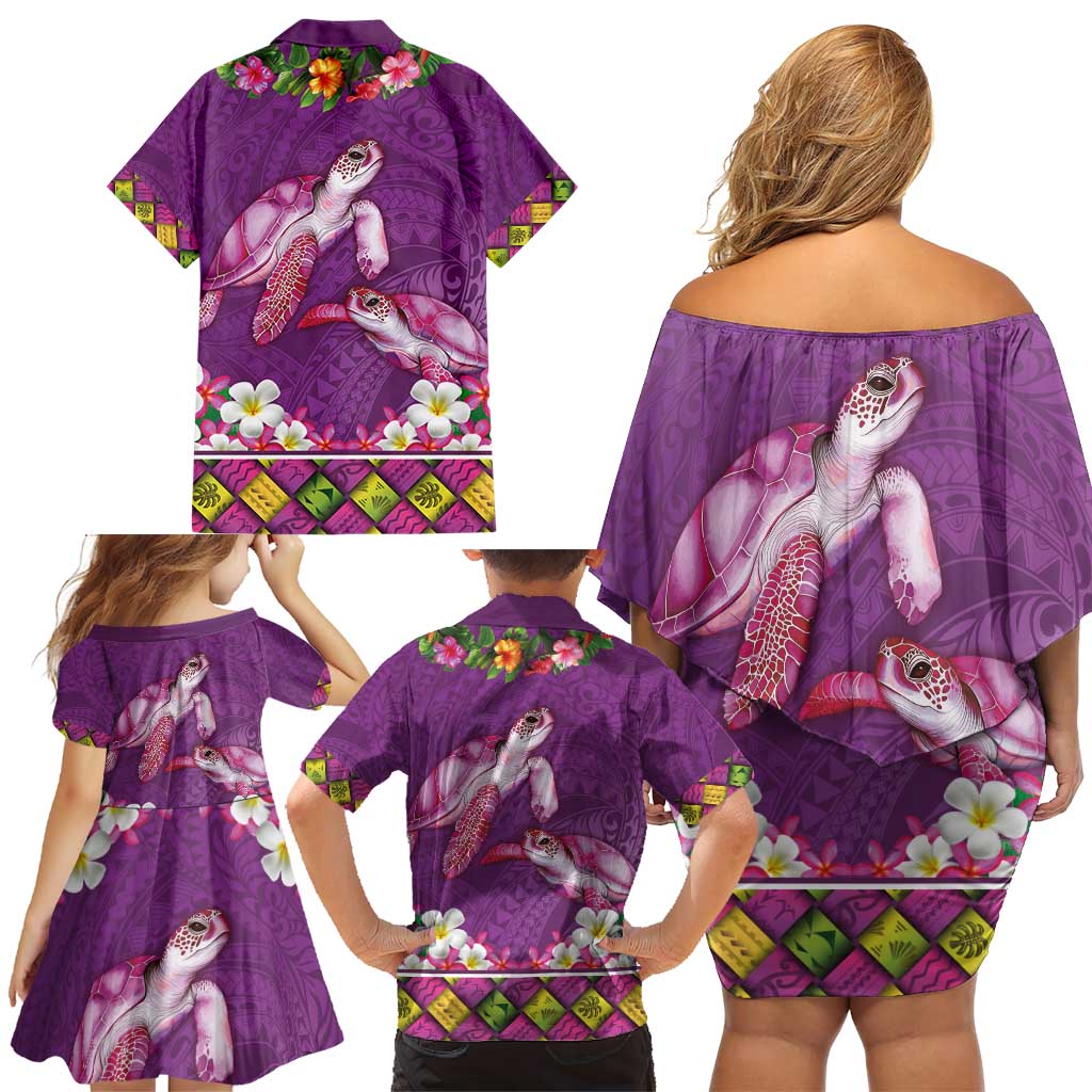 Hawaiian Lei Turtle and Plumeria Family Matching Off Shoulder Short Dress and Hawaiian Shirt Polynerian Art Tattoo-Mauve Color