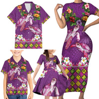 Hawaiian Lei Turtle and Plumeria Family Matching Short Sleeve Bodycon Dress and Hawaiian Shirt Polynerian Art Tattoo-Mauve Color