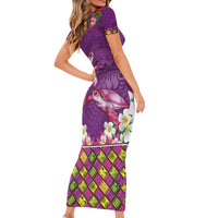 Hawaiian Lei Turtle and Plumeria Family Matching Short Sleeve Bodycon Dress and Hawaiian Shirt Polynerian Art Tattoo-Mauve Color