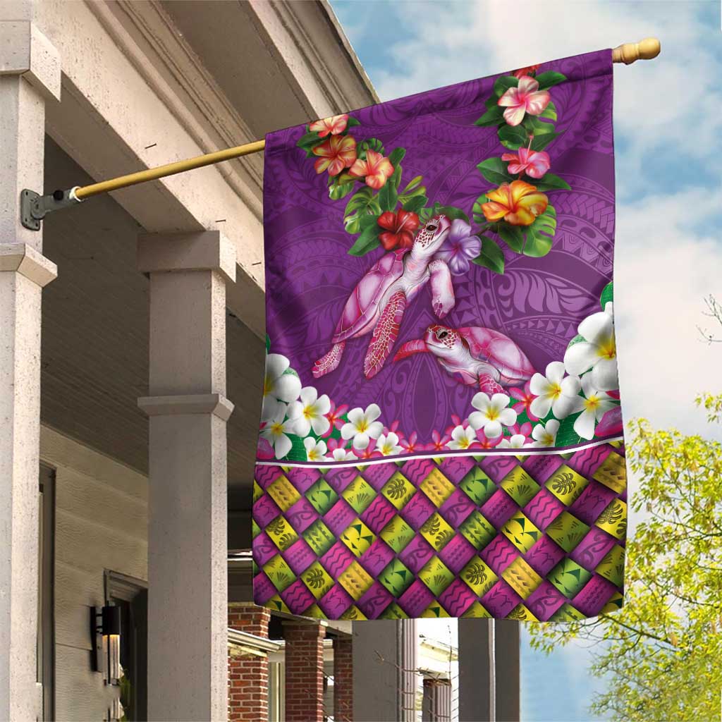 Hawaiian Lei Turtle and Plumeria Garden Flag Polynerian Art Tattoo-Mauve Color LT03 House Flag Purple - Polynesian Pride