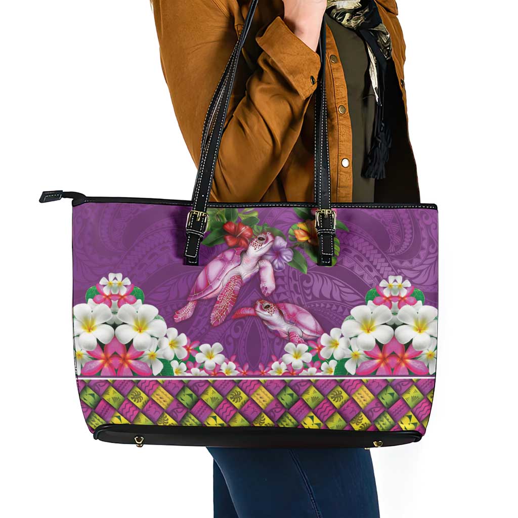 Hawaiian Lei Turtle and Plumeria Leather Tote Bag Polynerian Art Tattoo-Mauve Color