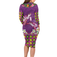 Hawaiian Lei Turtle and Plumeria Long Sleeve Bodycon Dress Polynerian Art Tattoo-Mauve Color