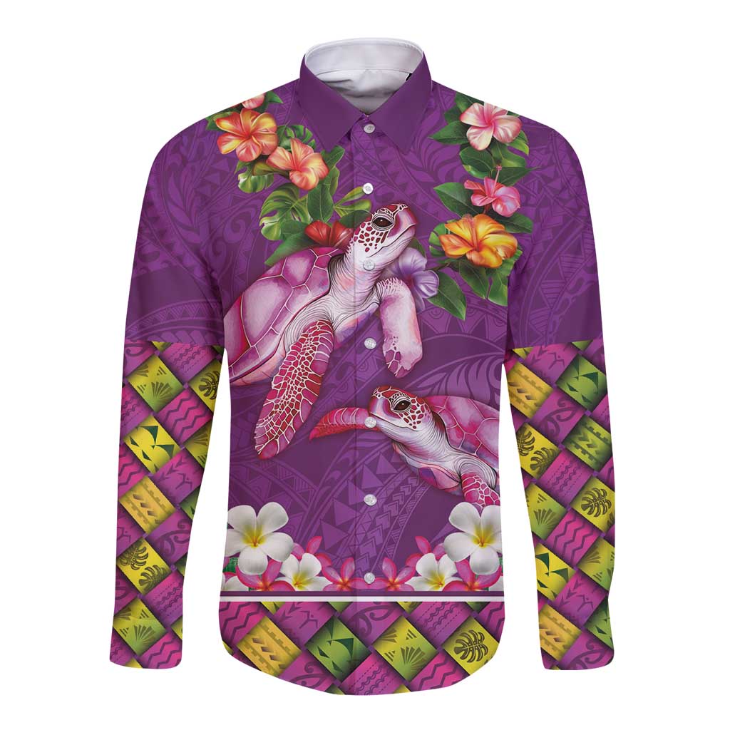 Hawaiian Lei Turtle and Plumeria Long Sleeve Button Shirt Polynerian Art Tattoo-Mauve Color LT03 Unisex Purple - Polynesian Pride