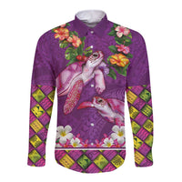 Hawaiian Lei Turtle and Plumeria Long Sleeve Button Shirt Polynerian Art Tattoo-Mauve Color LT03 Unisex Purple - Polynesian Pride