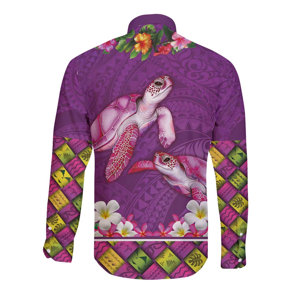 Hawaiian Lei Turtle and Plumeria Long Sleeve Button Shirt Polynerian Art Tattoo-Mauve Color LT03 - Polynesian Pride