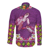 Hawaiian Lei Turtle and Plumeria Long Sleeve Button Shirt Polynerian Art Tattoo-Mauve Color LT03 - Polynesian Pride