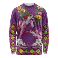 Hawaiian Lei Turtle and Plumeria Long Sleeve Shirt Polynerian Art Tattoo-Mauve Color LT03 Unisex Purple - Polynesian Pride