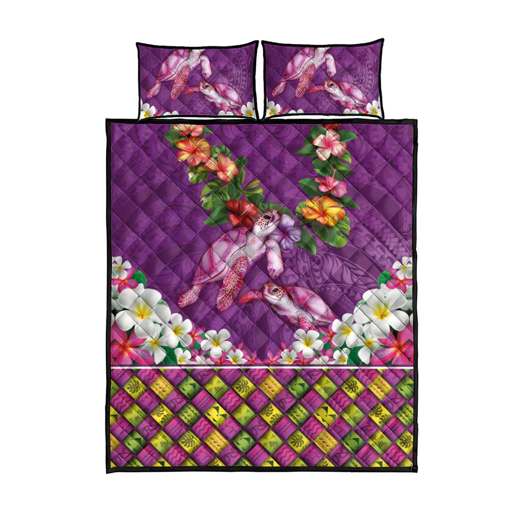 Hawaiian Lei Turtle and Plumeria Quilt Bed Set Polynerian Art Tattoo-Mauve Color