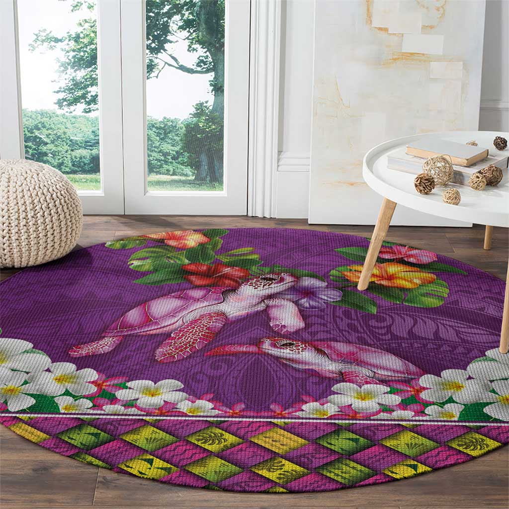 Hawaiian Lei Turtle and Plumeria Round Carpet Polynerian Art Tattoo-Mauve Color