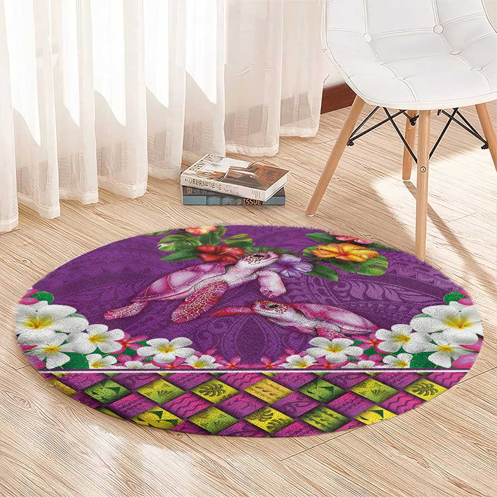 Hawaiian Lei Turtle and Plumeria Round Carpet Polynerian Art Tattoo-Mauve Color
