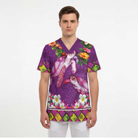 Hawaiian Lei Turtle and Plumeria Scrub Top Polynerian Art Tattoo-Mauve Color - Polynesian Pride