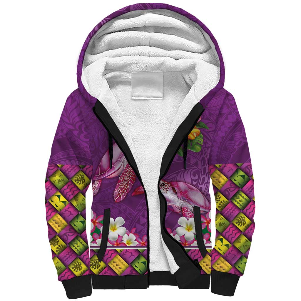 Hawaiian Lei Turtle and Plumeria Sherpa Hoodie Polynerian Art Tattoo-Mauve Color LT03 Unisex Purple - Polynesian Pride