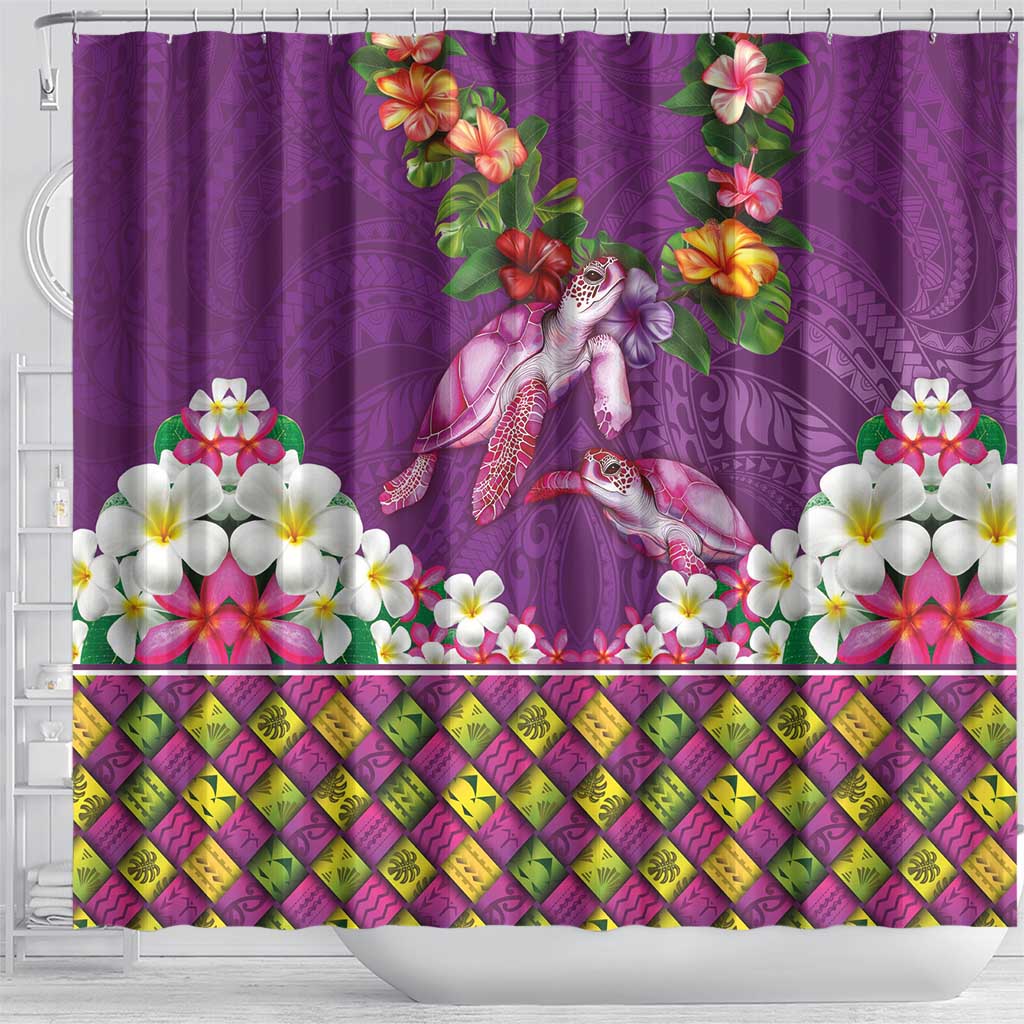 Hawaiian Lei Turtle and Plumeria Shower Curtain Polynerian Art Tattoo-Mauve Color