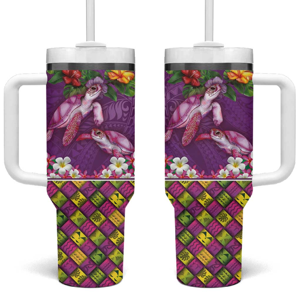 Hawaiian Lei Turtle and Plumeria Tumbler With Handle Polynerian Art Tattoo-Mauve Color LT03 One Size: 40 oz Purple - Polynesian Pride