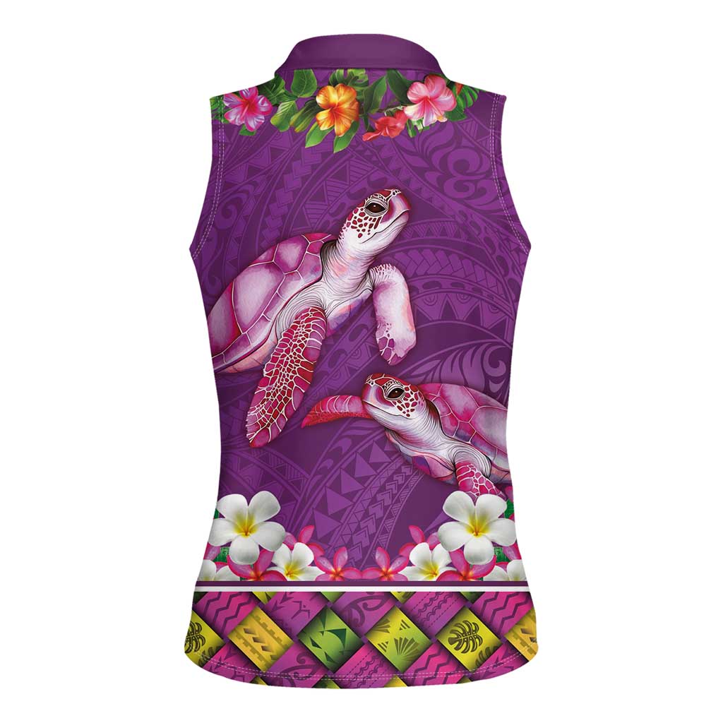 Hawaiian Lei Turtle and Plumeria Women Sleeveless Polo Shirt Polynerian Art Tattoo-Mauve Color