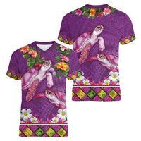 Hawaiian Lei Turtle and Plumeria Women V-Neck T-Shirt Polynerian Art Tattoo-Mauve Color