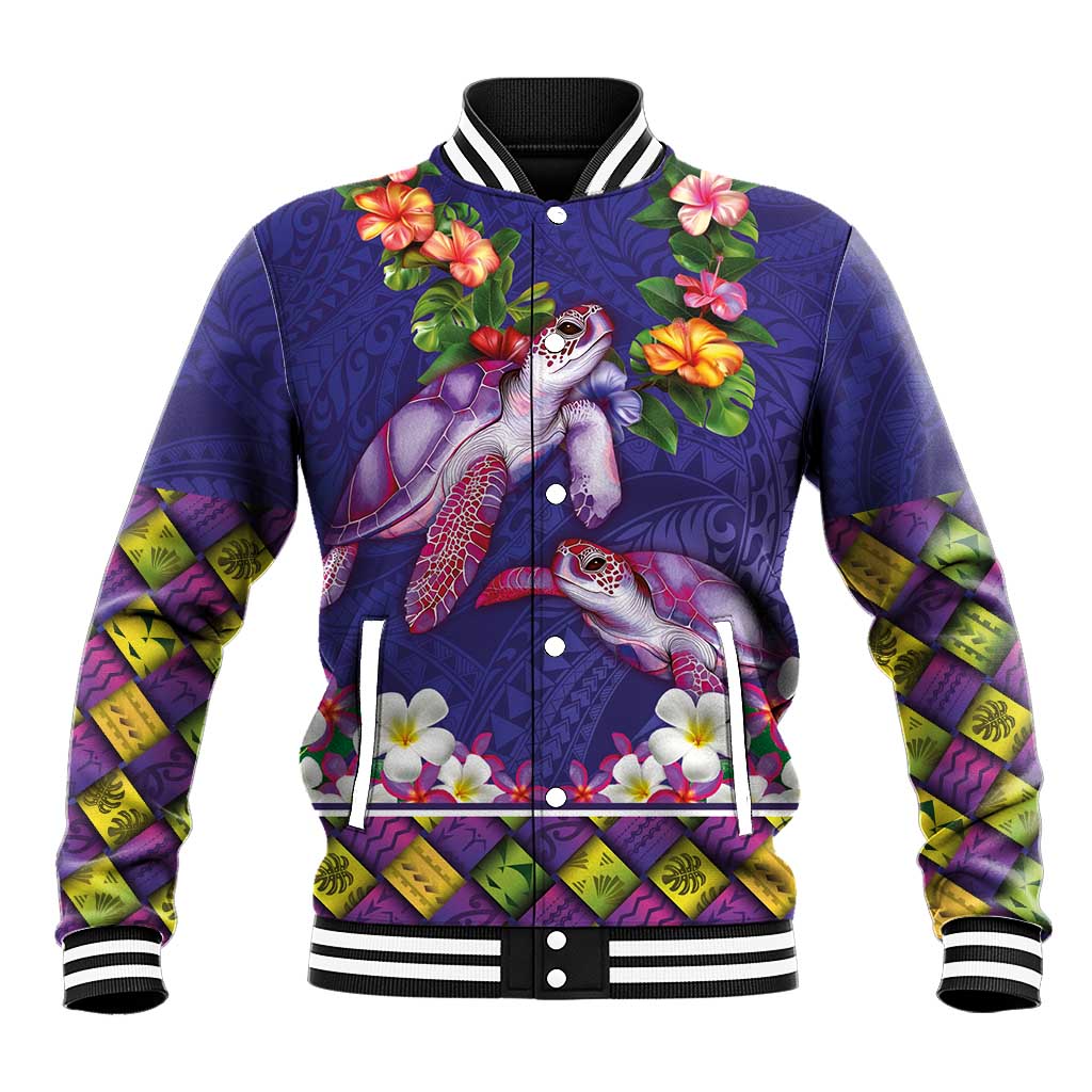 Hawaiian Lei Turtle and Plumeria Baseball Jacket Polynerian Art Tattoo-Navy Color LT03 Unisex Navy - Polynesian Pride