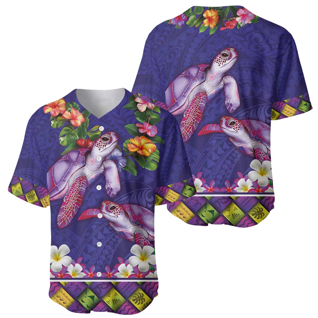 Hawaiian Lei Turtle and Plumeria Baseball Jersey Polynerian Art Tattoo-Navy Color