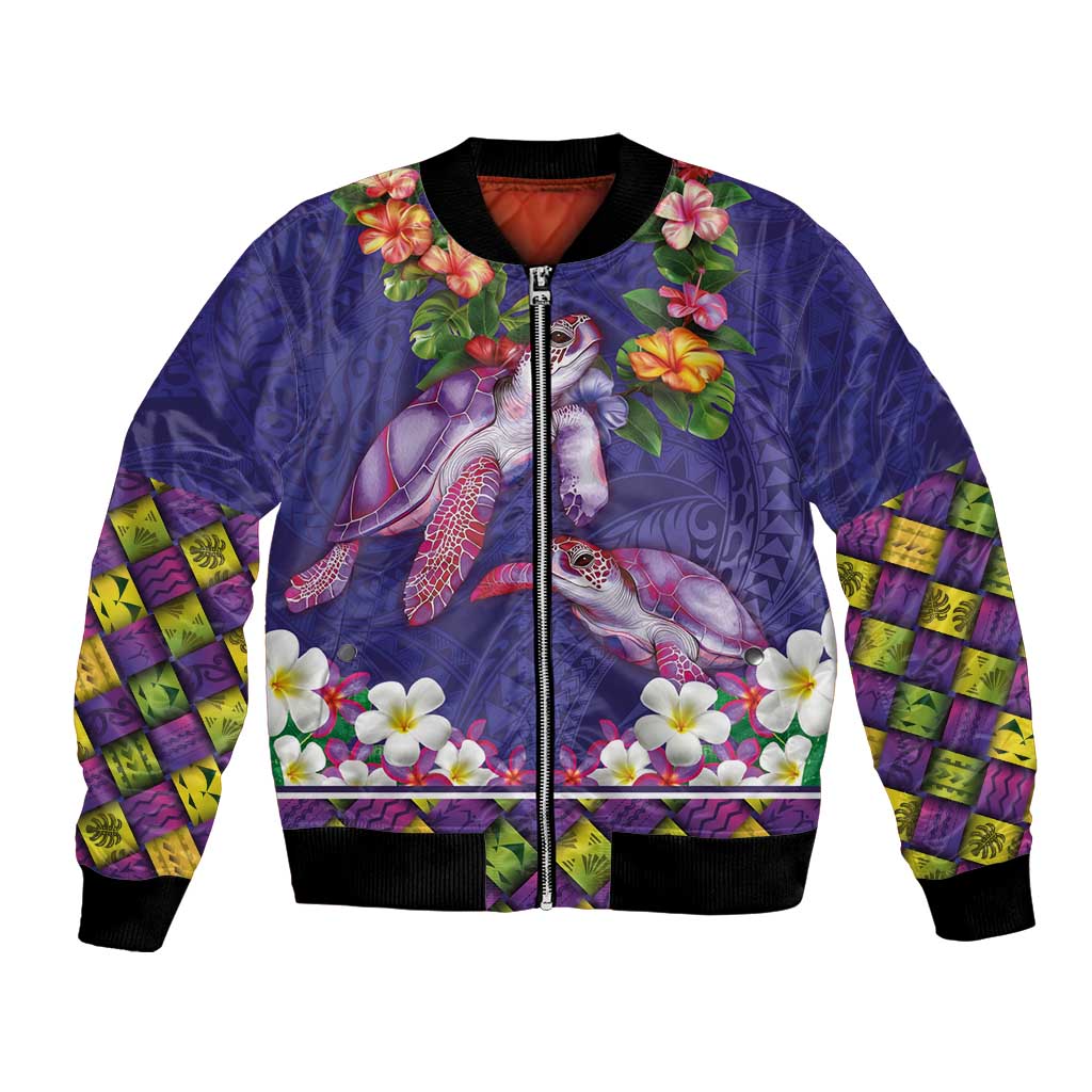Hawaiian Lei Turtle and Plumeria Bomber Jacket Polynerian Art Tattoo-Navy Color