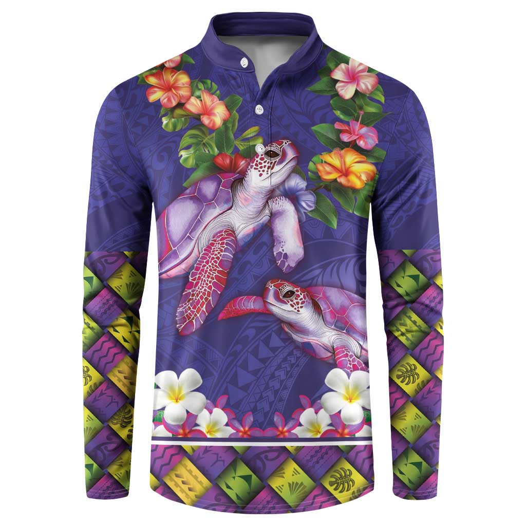 Hawaiian Lei Turtle and Plumeria Button Sweatshirt Polynerian Art Tattoo-Navy Color LT03 Navy - Polynesian Pride