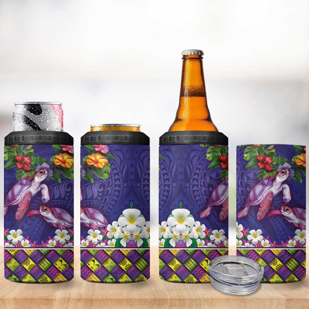 Hawaiian Lei Turtle and Plumeria 4 in 1 Can Cooler Tumbler Polynerian Art Tattoo-Navy Color