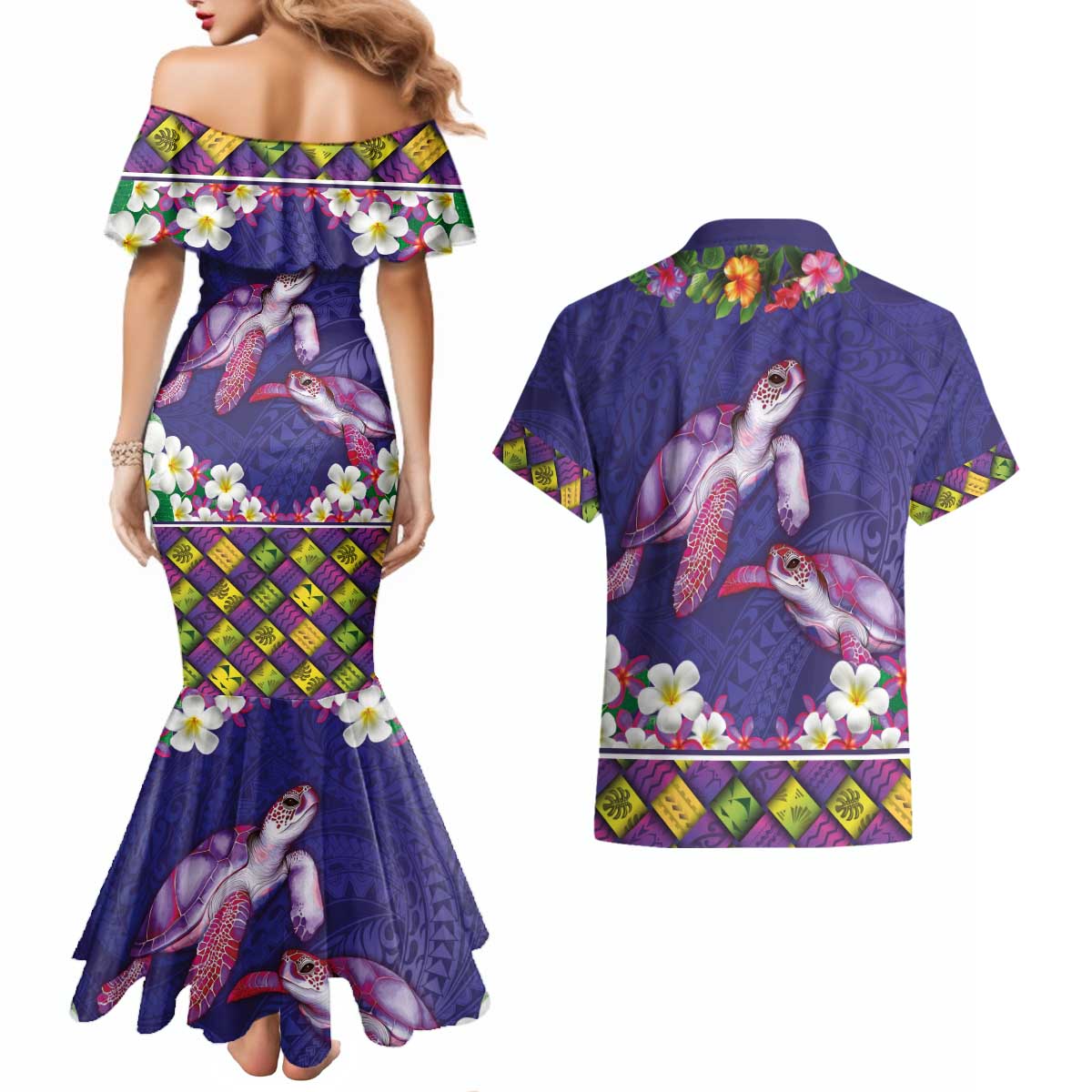 Hawaiian Lei Turtle and Plumeria Couples Matching Mermaid Dress and Hawaiian Shirt Polynerian Art Tattoo-Navy Color