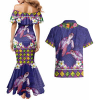 Hawaiian Lei Turtle and Plumeria Couples Matching Mermaid Dress and Hawaiian Shirt Polynerian Art Tattoo-Navy Color