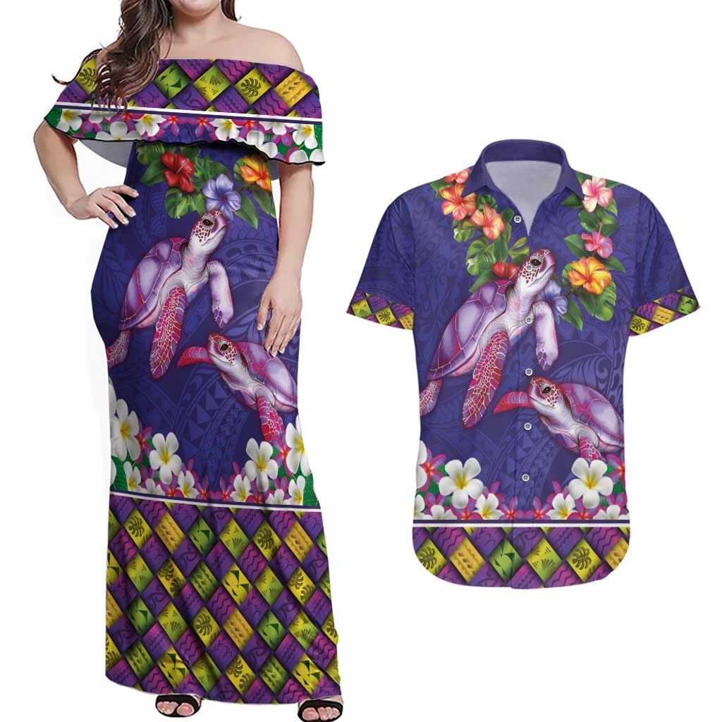 Hawaiian Lei Turtle and Plumeria Couples Matching Off Shoulder Maxi Dress and Hawaiian Shirt Polynerian Art Tattoo-Navy Color