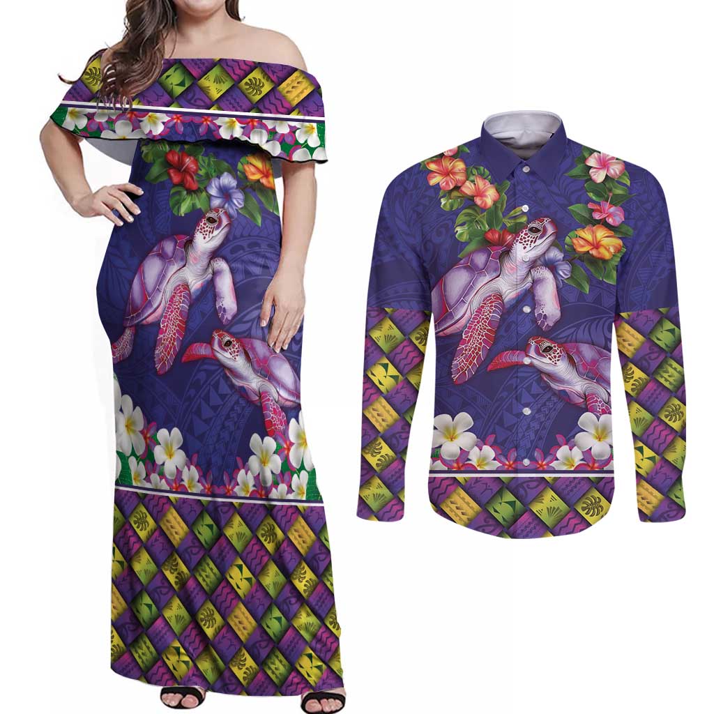 Hawaiian Lei Turtle and Plumeria Couples Matching Off Shoulder Maxi Dress and Long Sleeve Button Shirt Polynerian Art Tattoo-Navy Color