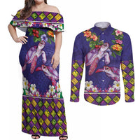 Hawaiian Lei Turtle and Plumeria Couples Matching Off Shoulder Maxi Dress and Long Sleeve Button Shirt Polynerian Art Tattoo-Navy Color