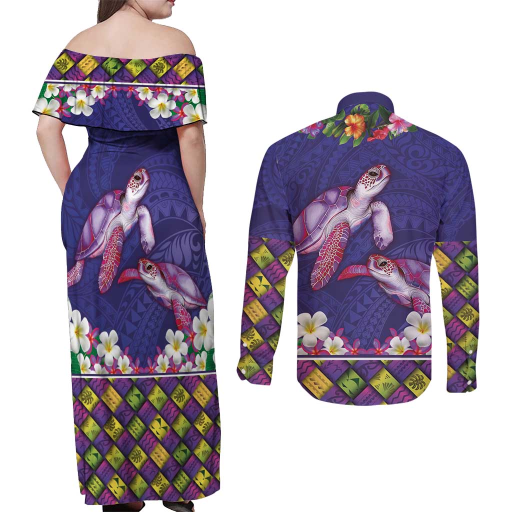 Hawaiian Lei Turtle and Plumeria Couples Matching Off Shoulder Maxi Dress and Long Sleeve Button Shirt Polynerian Art Tattoo-Navy Color