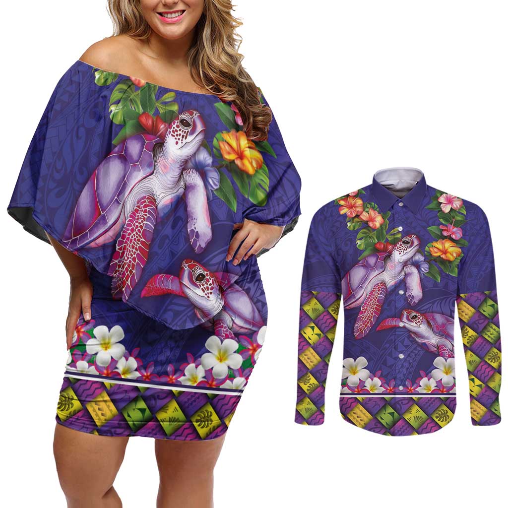 Hawaiian Lei Turtle and Plumeria Couples Matching Off Shoulder Short Dress and Long Sleeve Button Shirt Polynerian Art Tattoo-Navy Color