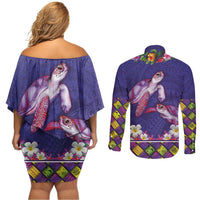 Hawaiian Lei Turtle and Plumeria Couples Matching Off Shoulder Short Dress and Long Sleeve Button Shirt Polynerian Art Tattoo-Navy Color