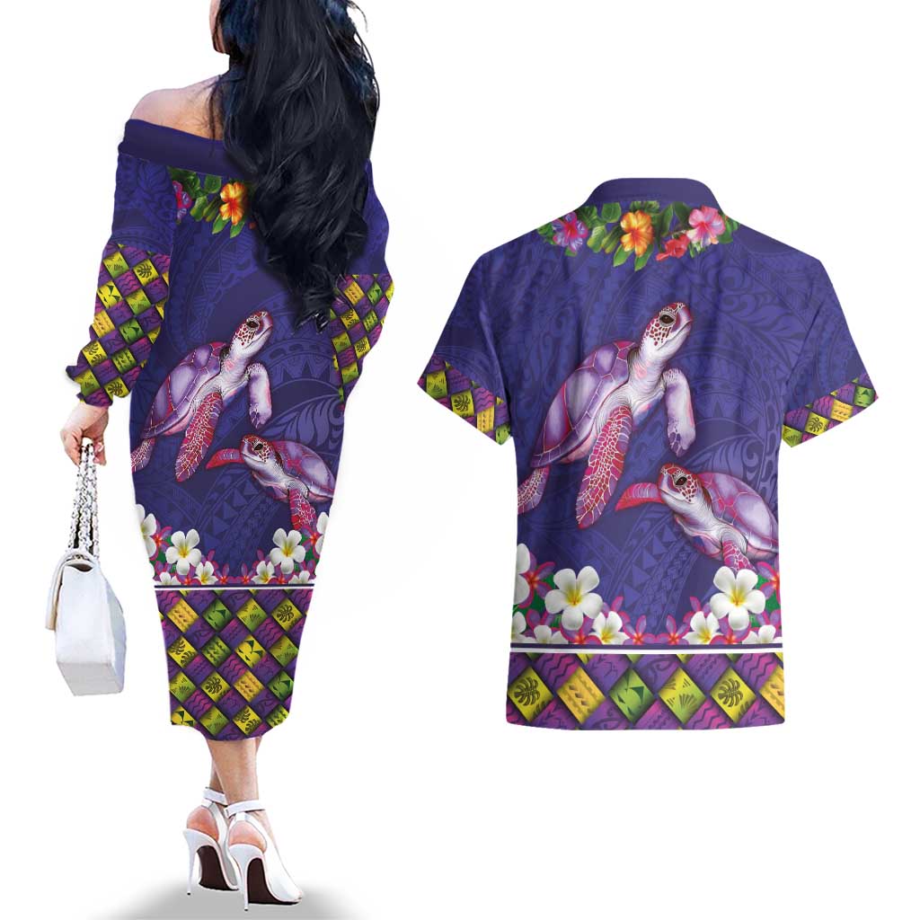 Hawaiian Lei Turtle and Plumeria Couples Matching Off The Shoulder Long Sleeve Dress and Hawaiian Shirt Polynerian Art Tattoo-Navy Color
