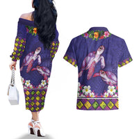Hawaiian Lei Turtle and Plumeria Couples Matching Off The Shoulder Long Sleeve Dress and Hawaiian Shirt Polynerian Art Tattoo-Navy Color