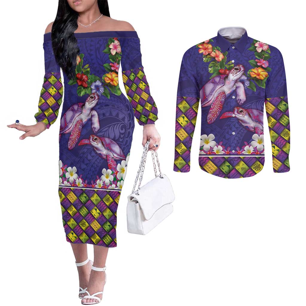 Hawaiian Lei Turtle and Plumeria Couples Matching Off The Shoulder Long Sleeve Dress and Long Sleeve Button Shirt Polynerian Art Tattoo-Navy Color LT03 Navy - Polynesian Pride