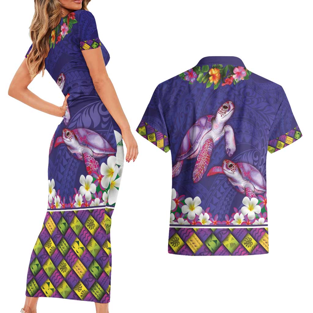 Hawaiian Lei Turtle and Plumeria Couples Matching Short Sleeve Bodycon Dress and Hawaiian Shirt Polynerian Art Tattoo-Navy Color